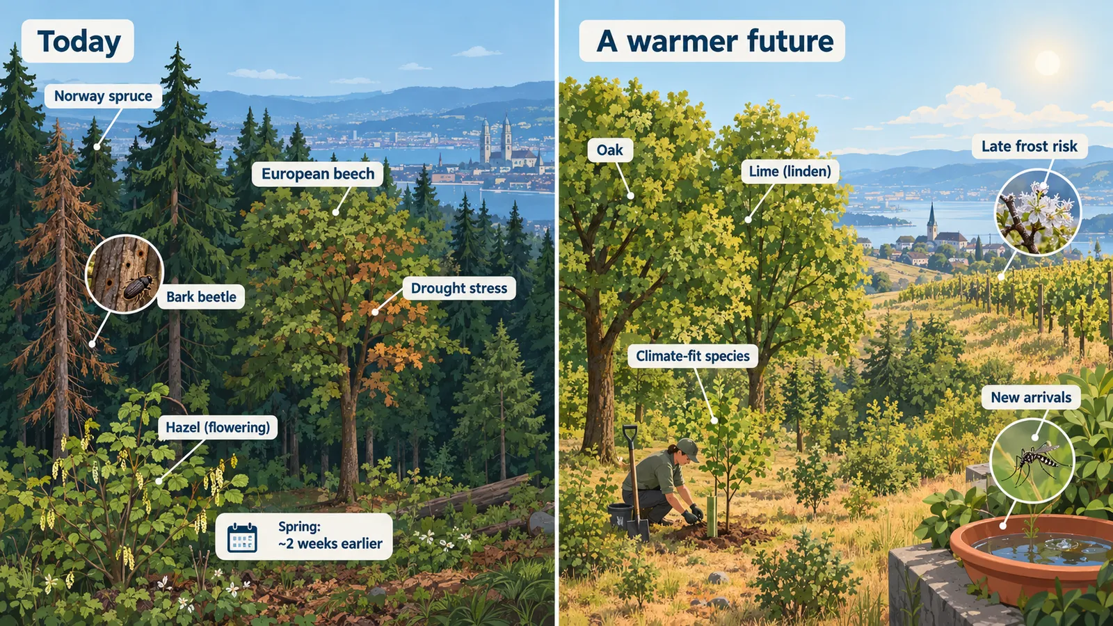 Split illustration: today's spruce and beech forest under drought and bark-beetle stress, versus a future forest with oak and lime, new species such as the tiger mosquito and late-frost risk for early blossoms.